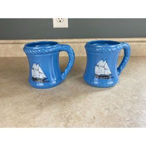 Kingswear Pottery England Schooner Ship Blue Glazed 12 Oz Mug Lot Of Two
